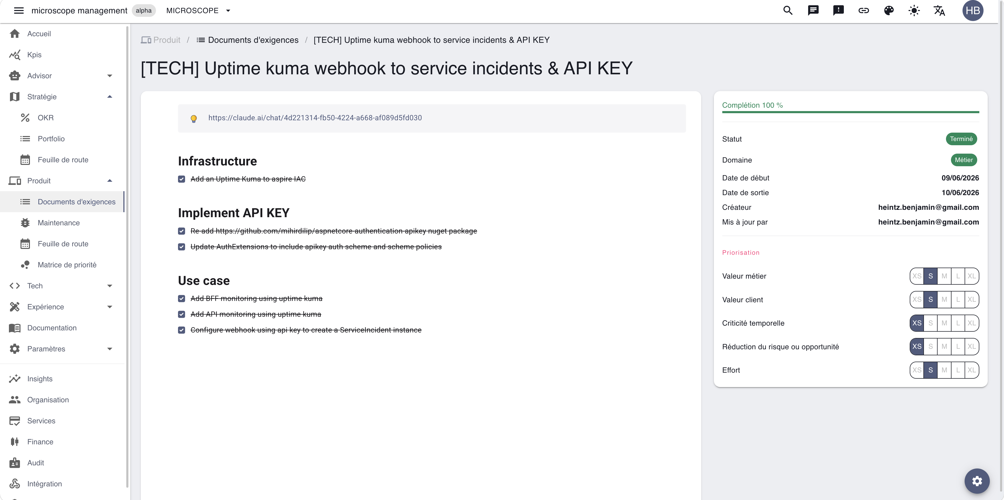A PRD details page — content on the left, collapsible metadata panel on the right