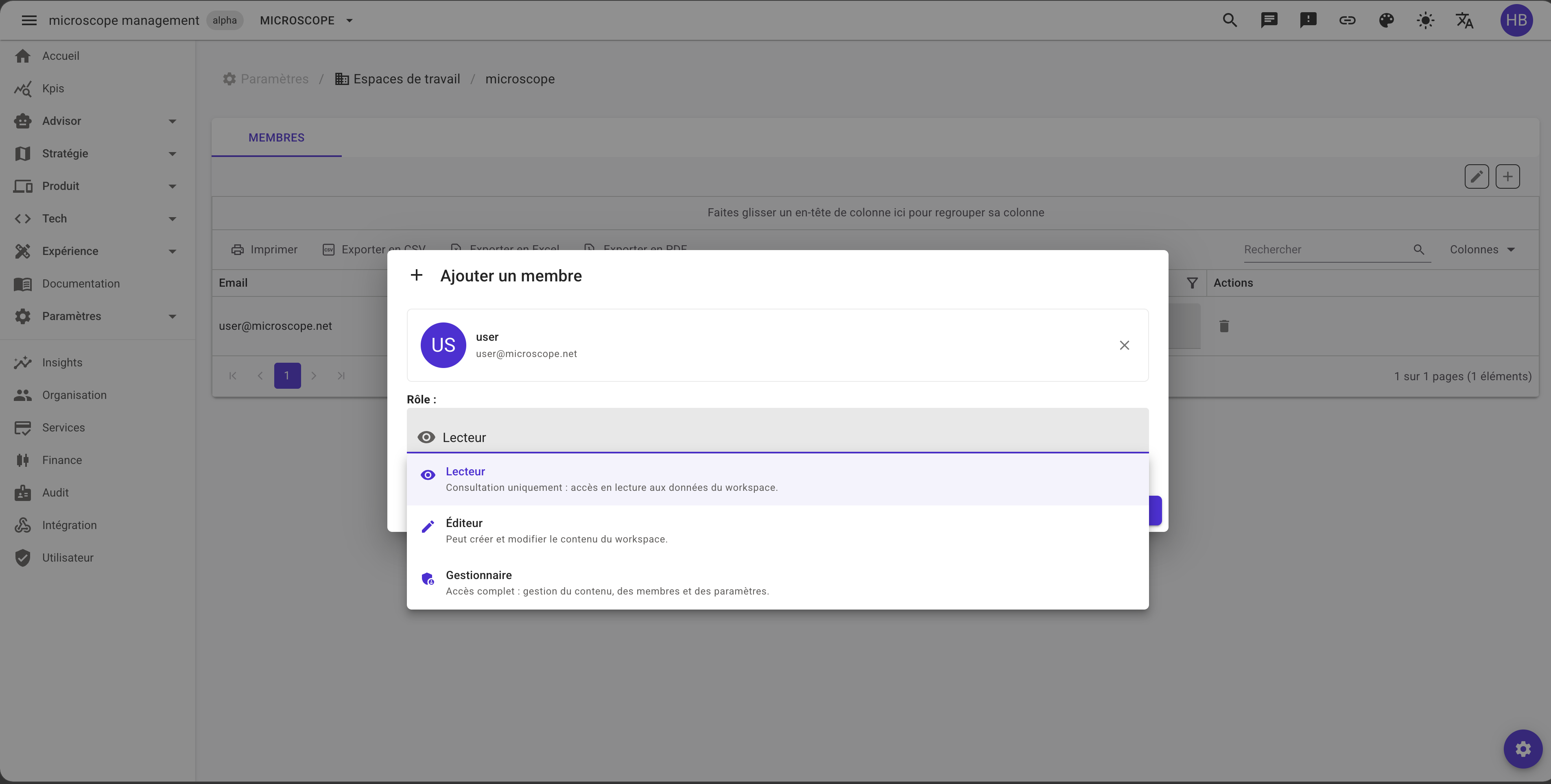 Workspaces — the Members tab, adding a member and assigning a role